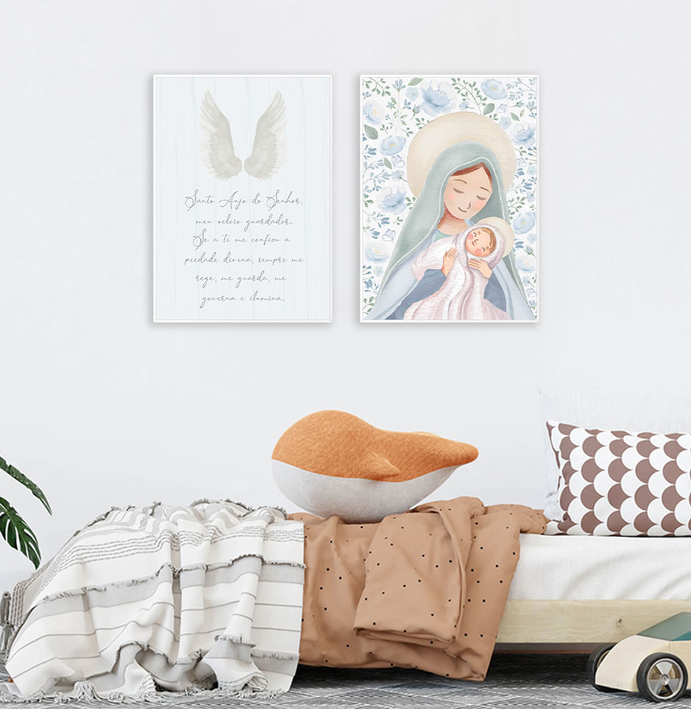 Conjunto com 2 Quadros Nossa Senhora e Oração Azul Moldura Filete Branca - Vertical