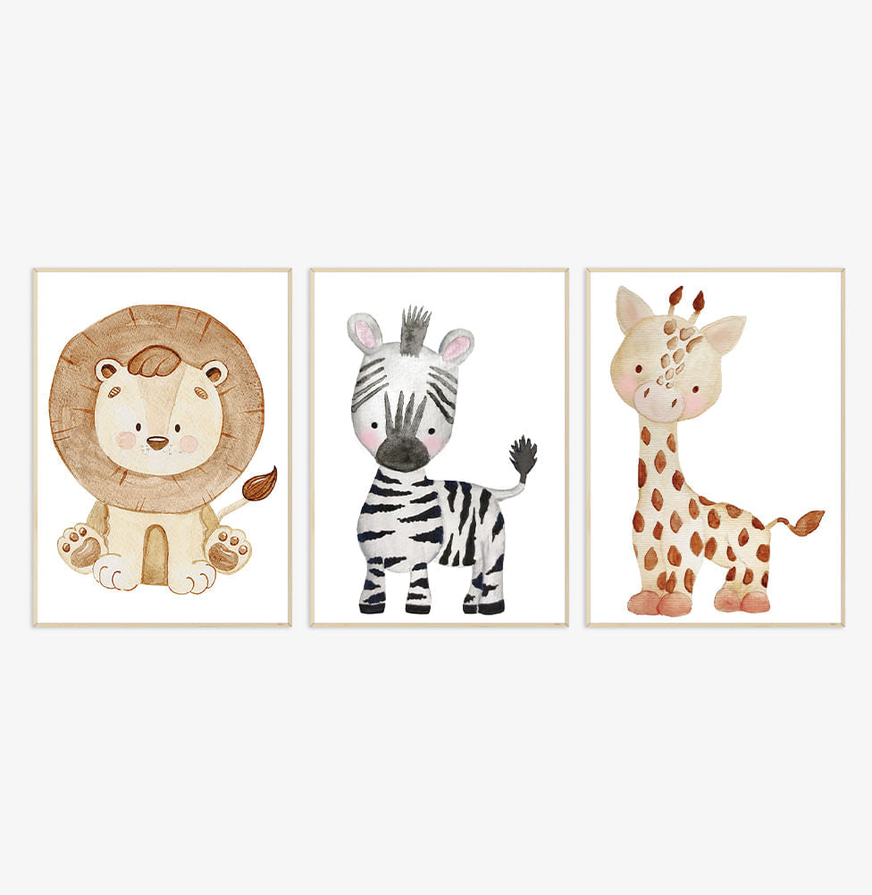 Conjunto com 3 Quadros Leão, Girafa e Zebra Color Moldura Filete Pinus - Vertical 