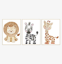 Conjunto com 3 Quadros Leão, Girafa e Zebra Color Moldura Filete Pinus - Vertical 