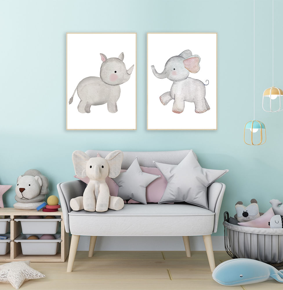 Conjunto com 2 Quadros Elefante e Rinoceronte Cinza Moldura Filete Pinus - Vertical