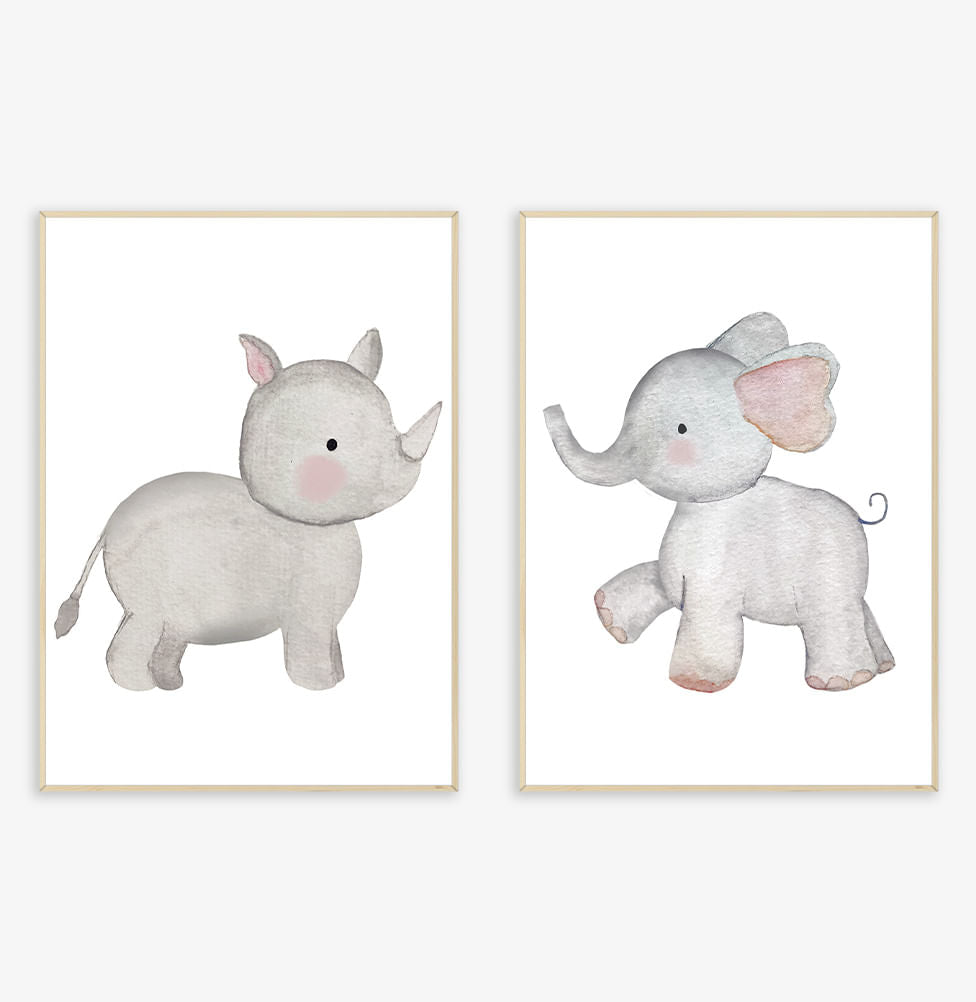 Conjunto com 2 Quadros Elefante e Rinoceronte Cinza Moldura Filete Pinus - Vertical