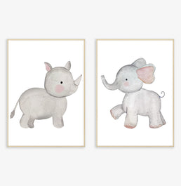 Conjunto com 2 Quadros Elefante e Rinoceronte Cinza Moldura Filete Pinus - Vertical