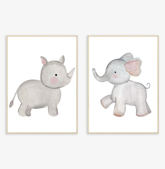 Conjunto com 2 Quadros Elefante e Rinoceronte Cinza Moldura Filete Pinus - Vertical