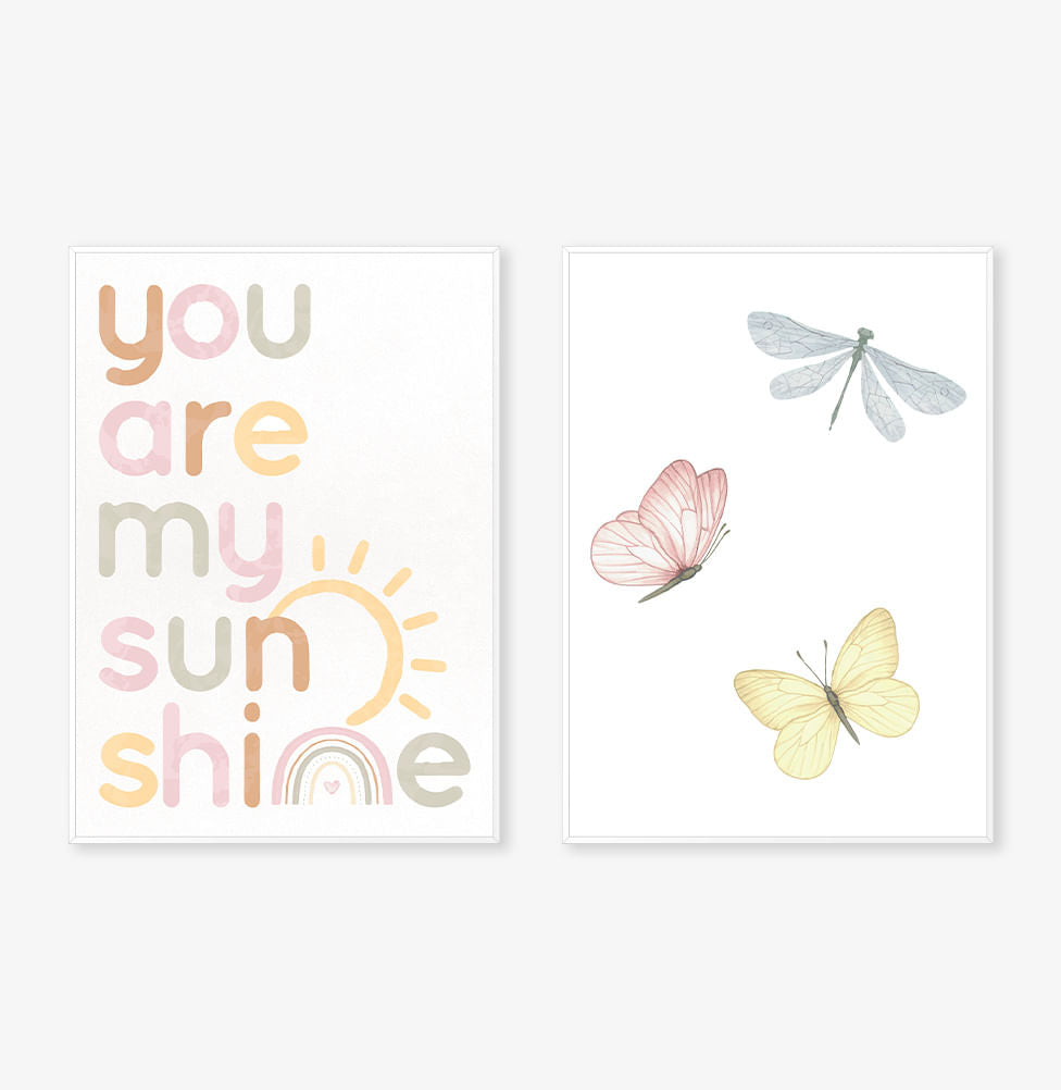 Conjunto com 2 Quadros Borboletas e You Are My Sunshine Aquarela Candy Moldura Filete Branca - Vertical