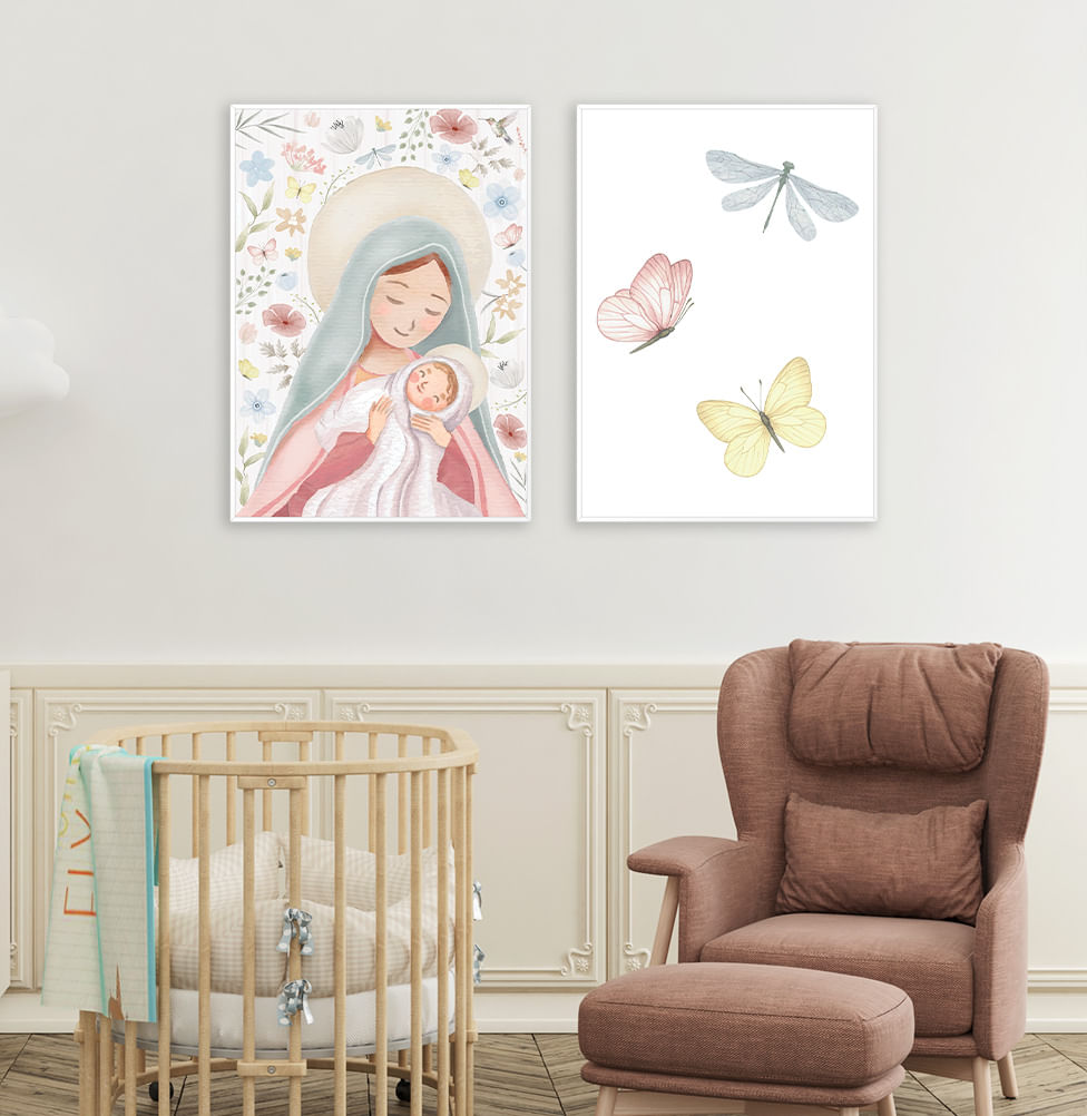 Conjunto com 2 Quadros Nossa Senhora e Borboletas Outono Candy Moldura Filete Branca - Vertical