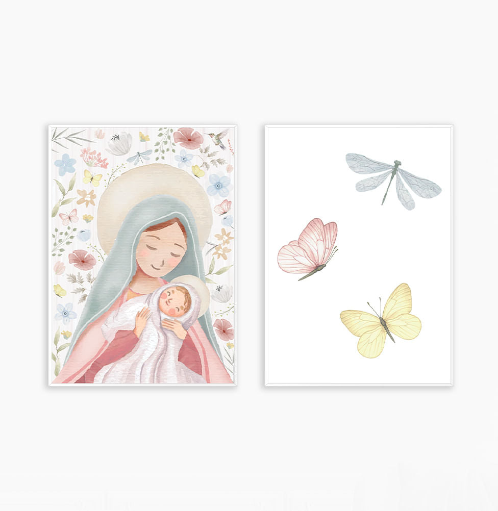 Conjunto com 2 Quadros Nossa Senhora e Borboletas Outono Candy Moldura Filete Branca - Vertical