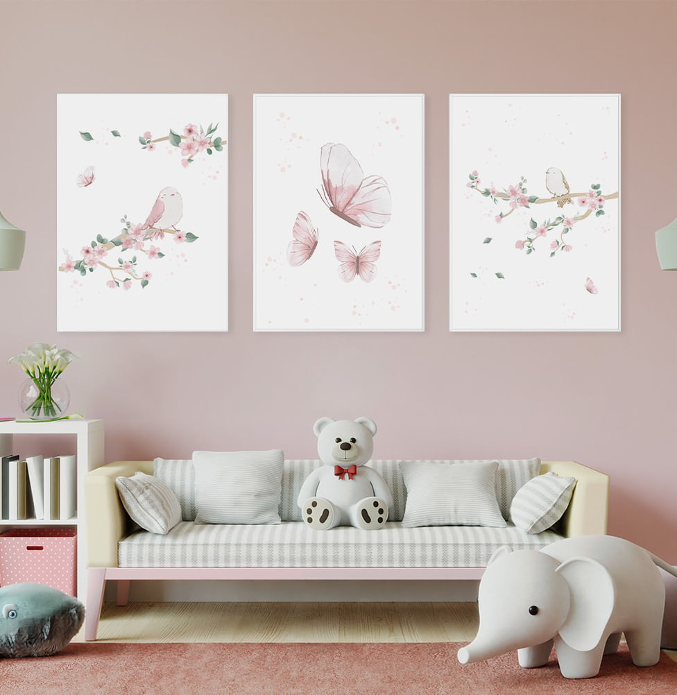 Conjunto com 3 Quadros Jardim Borboletas e Pássaros Rosa Moldura Filete Branca - Vertical