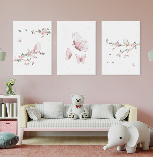 Conjunto com 3 Quadros Jardim Borboletas e Pássaros Rosa Moldura Filete Branca - Vertical