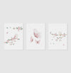 Conjunto com 3 Quadros Jardim Borboletas e Pássaros Rosa Moldura Filete Branca - Vertical