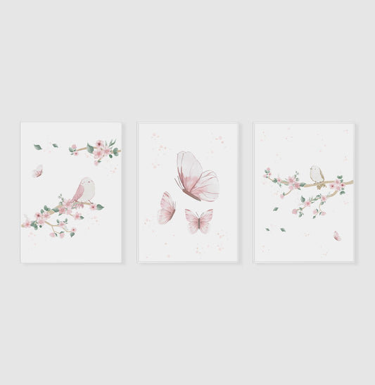 Conjunto com 3 Quadros Jardim Borboletas e Pássaros Rosa Moldura Filete Branca - Vertical