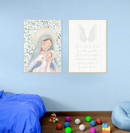 Conjunto com 2 Quadros Nossa Senhora e Oração Verde Moldura Filete Branca - Vertical