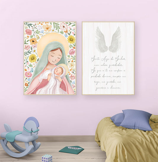 Conjunto com 2 Quadros Nossa Senhora Color e Oração Moldura Filete Pinus - Vertical