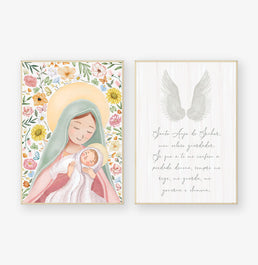 Conjunto com 2 Quadros Nossa Senhora Color e Oração Moldura Filete Pinus - Vertical