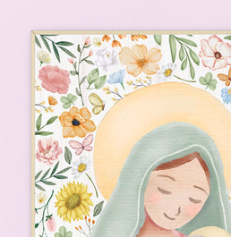 Conjunto com 2 Quadros Nossa Senhora Color e Oração Moldura Filete Pinus - Vertical