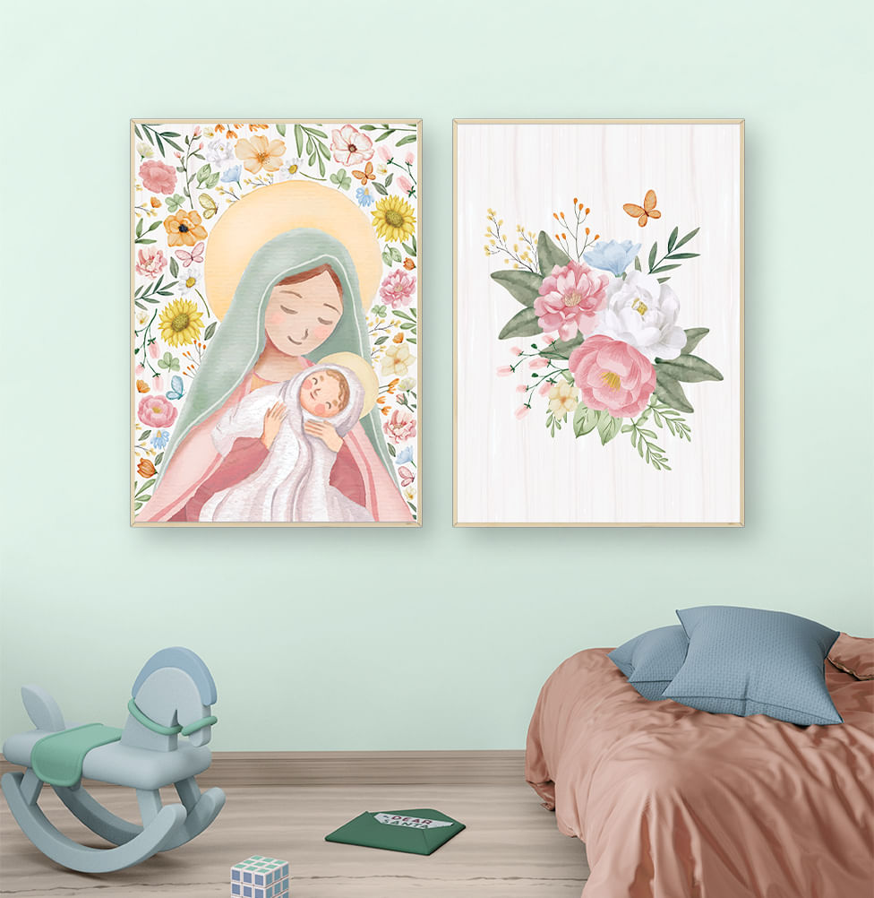 Conjunto com 2 Quadros Nossa Senhora e Flores do Campo Color Moldura Filete Pinus - Vertical