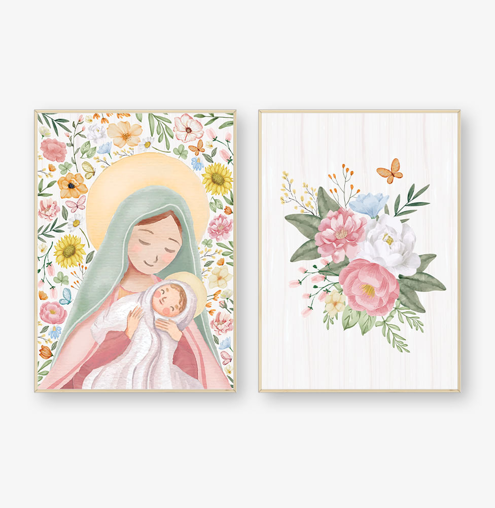 Conjunto com 2 Quadros Nossa Senhora e Flores do Campo Color Moldura Filete Pinus - Vertical
