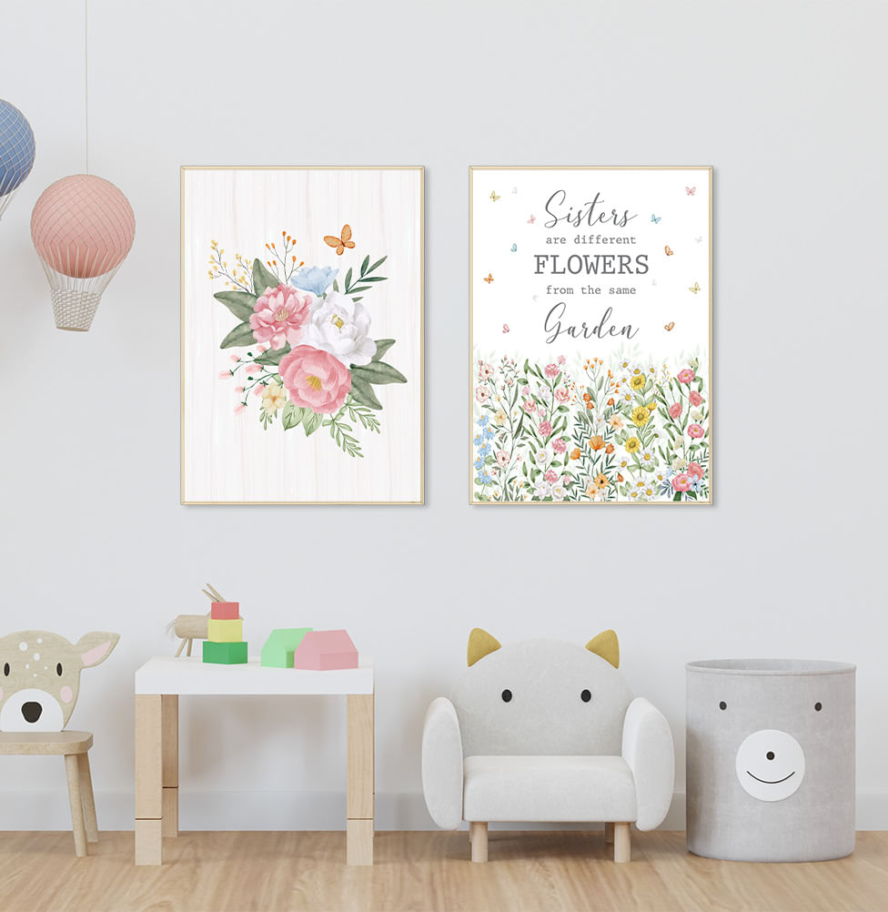 Conjunto com 2 Quadros Sisters Flores do Campo Color Moldura Filete Pinus - Vertical