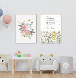 Conjunto com 2 Quadros Sisters Flores do Campo Color Moldura Filete Pinus - Vertical