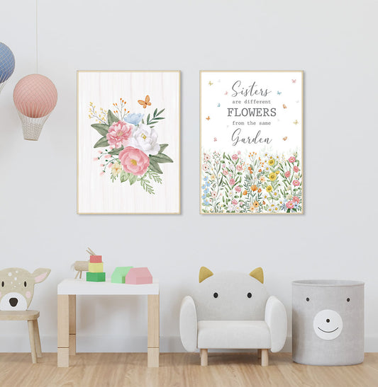 Conjunto com 2 Quadros Sisters Flores do Campo Color Moldura Filete Pinus - Vertical