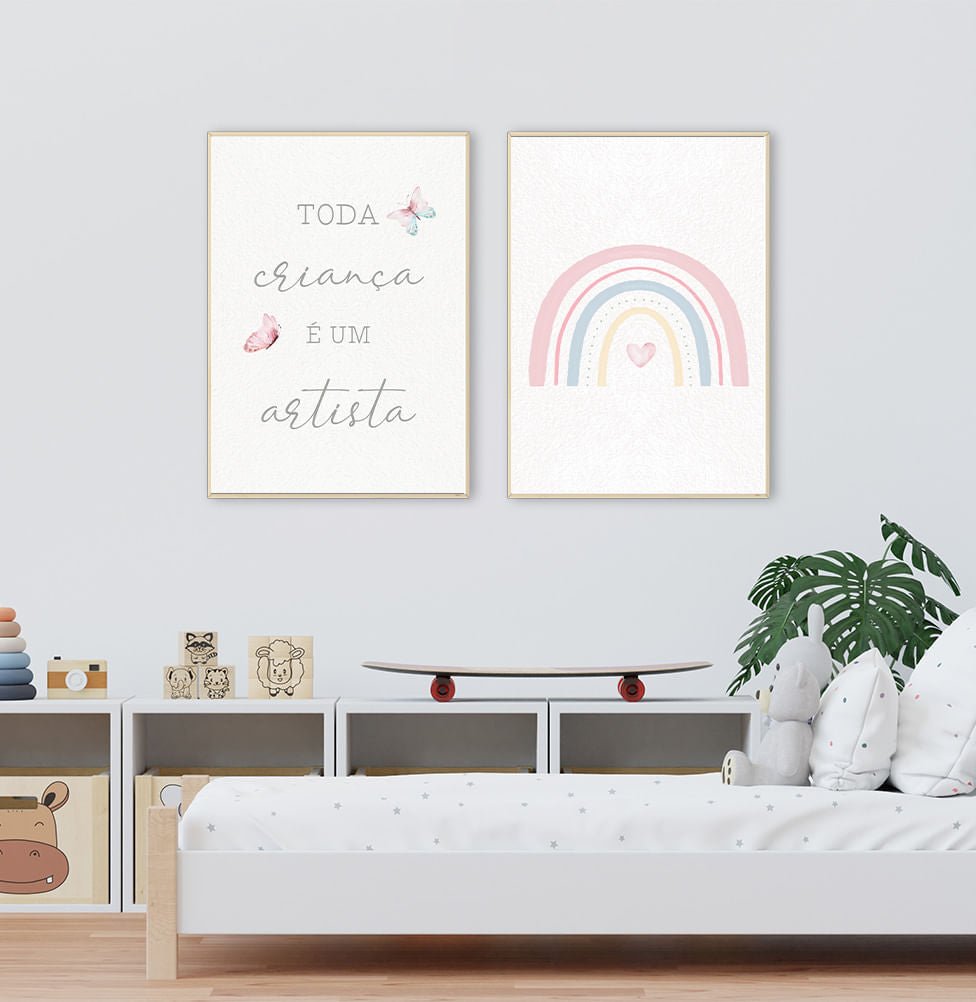 Conjunto com 2 Quadros Arco Íris Artista Rosa Moldura Filete Pinus - Vertical