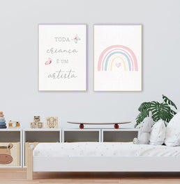 Conjunto com 2 Quadros Arco Íris Artista Rosa Moldura Filete Pinus - Vertical