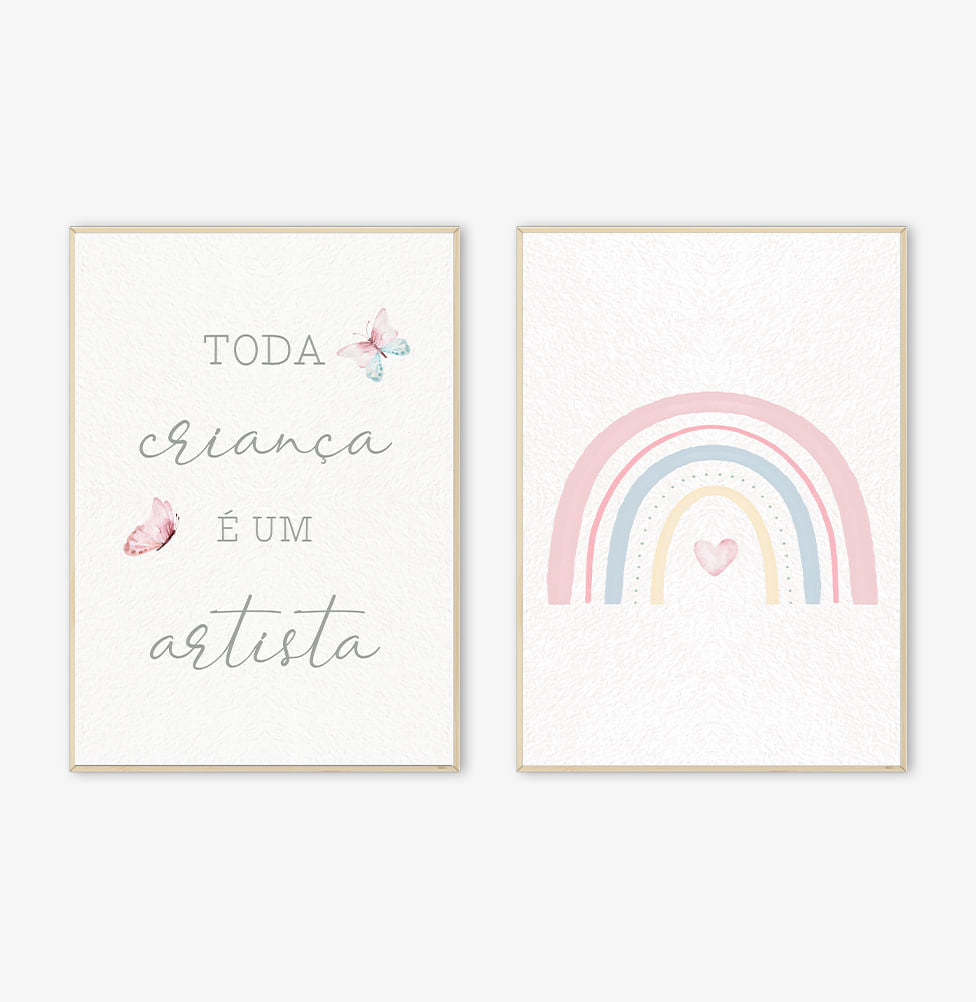 Conjunto com 2 Quadros Arco Íris Artista Rosa Moldura Filete Pinus - Vertical