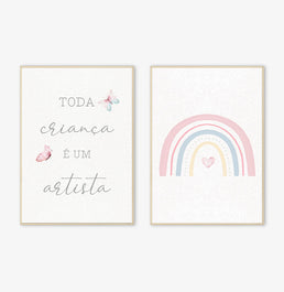 Conjunto com 2 Quadros Arco Íris Artista Rosa Moldura Filete Pinus - Vertical