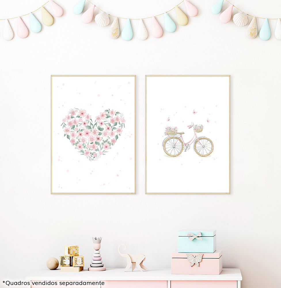 Conjunto com 2 Quadros Coração e Bicicleta Rosa Moldura Filete Pinus
