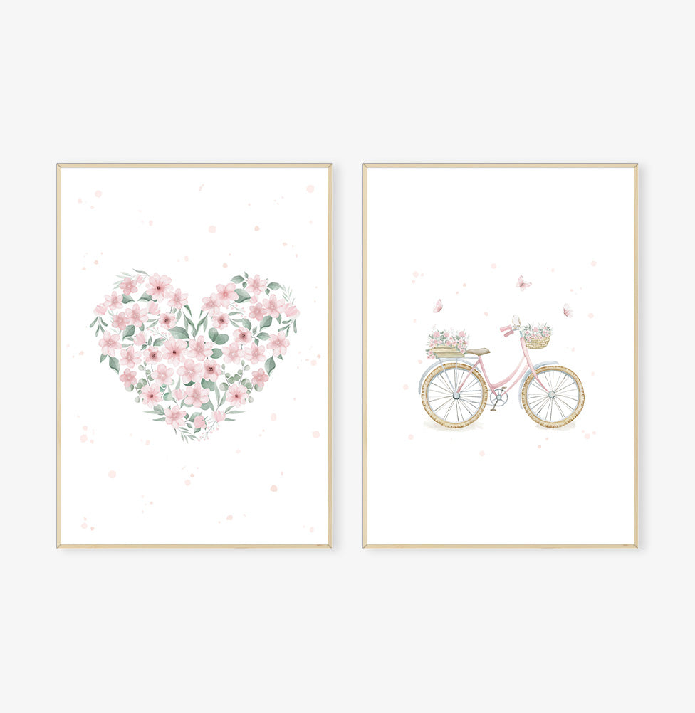Conjunto com 2 Quadros Coração e Bicicleta Rosa Moldura Filete Pinus
