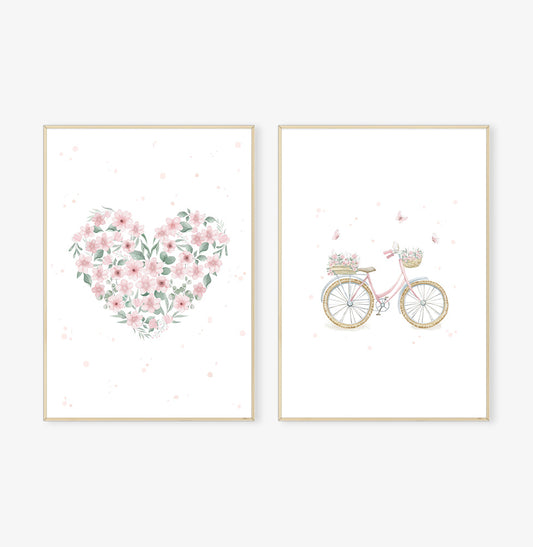 Conjunto com 2 Quadros Coração e Bicicleta Rosa Moldura Filete Pinus