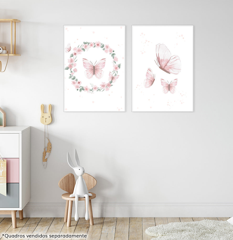Conjunto com 2 Quadros Guirlanda com Borboleta e Coração Moldura Filete Branca