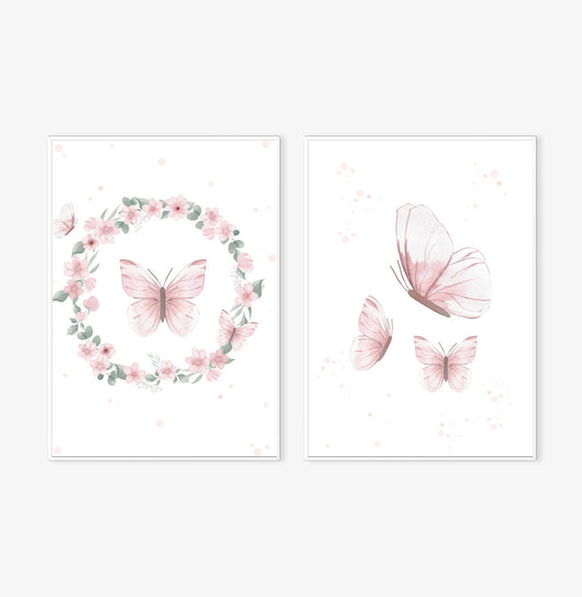 Conjunto com 2 Quadros Guirlanda com Borboleta e Coração Moldura Filete Branca