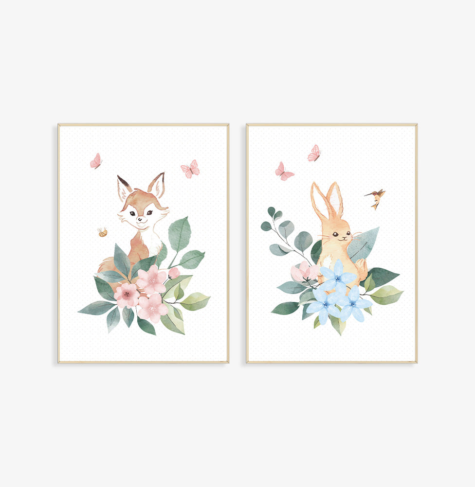 Conjunto com 2 Quadros Animais Jardim Mali Moldura Filete Pinus