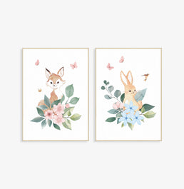 Conjunto com 2 Quadros Animais Jardim Mali Moldura Filete Pinus