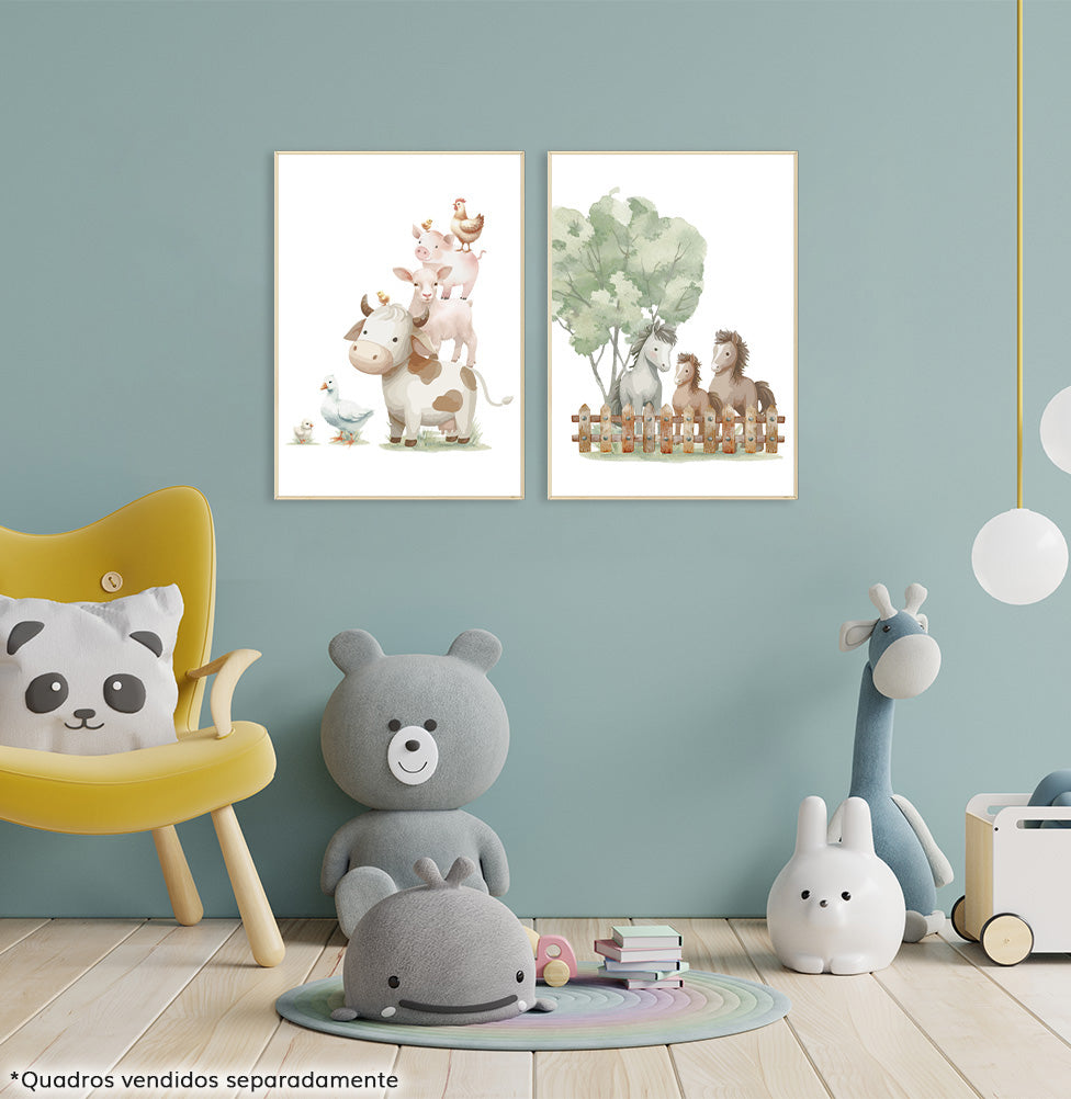 Conjunto com 2 Quadros Animais da Fazenda e Cavalos Moldura Filete Pinus