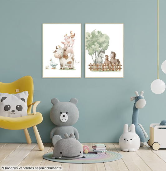 Conjunto com 2 Quadros Animais da Fazenda e Cavalos Moldura Filete Pinus