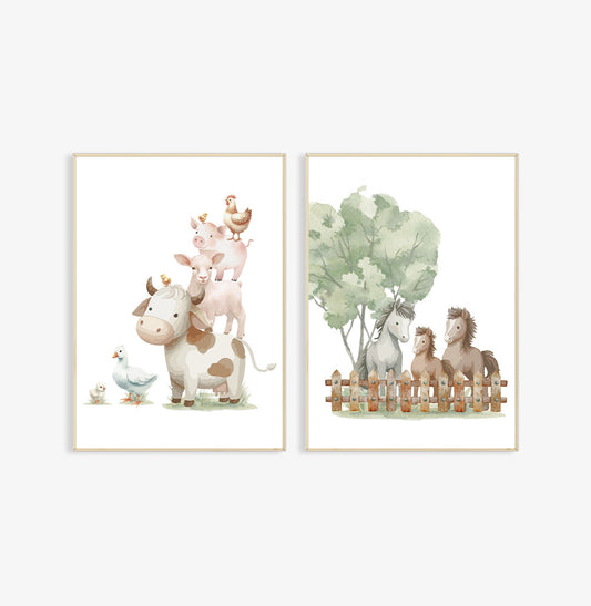 Conjunto com 2 Quadros Animais da Fazenda e Cavalos Moldura Filete Pinus