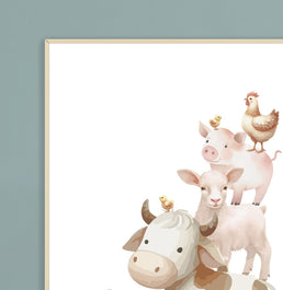 Conjunto com 2 Quadros Animais da Fazenda e Cavalos Moldura Filete Pinus