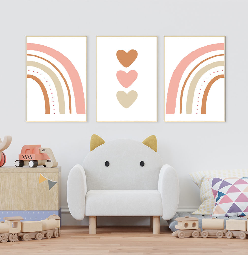 Conjunto com 3 Quadros Arco Íris e Trio de Corações Cobre Moldura Filete Pinus - Vertical