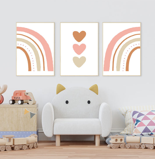 Conjunto com 3 Quadros Arco Íris e Trio de Corações Cobre Moldura Filete Pinus - Vertical