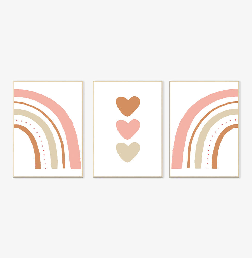 Conjunto com 3 Quadros Arco Íris e Trio de Corações Cobre Moldura Filete Pinus - Vertical
