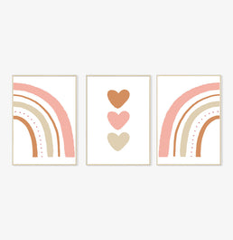Conjunto com 3 Quadros Arco Íris e Trio de Corações Cobre Moldura Filete Pinus - Vertical
