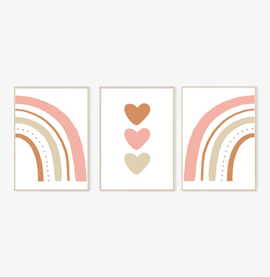Conjunto com 3 Quadros Arco Íris e Trio de Corações Cobre Moldura Filete Pinus - Vertical