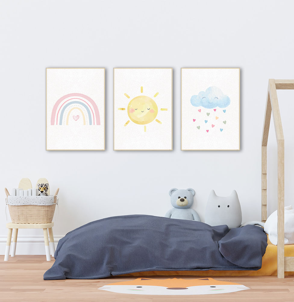 Conjunto com 3 Quadros Arco Íris, Sol e Nuvem Candy Moldura Filete Pinus - Vertical