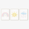 Conjunto com 3 Quadros Arco Íris, Sol e Nuvem Candy Moldura Filete Pinus - Vertical