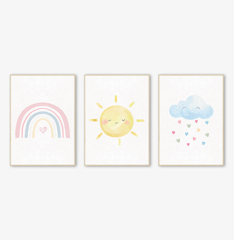 Conjunto com 3 Quadros Arco Íris, Sol e Nuvem Candy Moldura Filete Pinus - Vertical