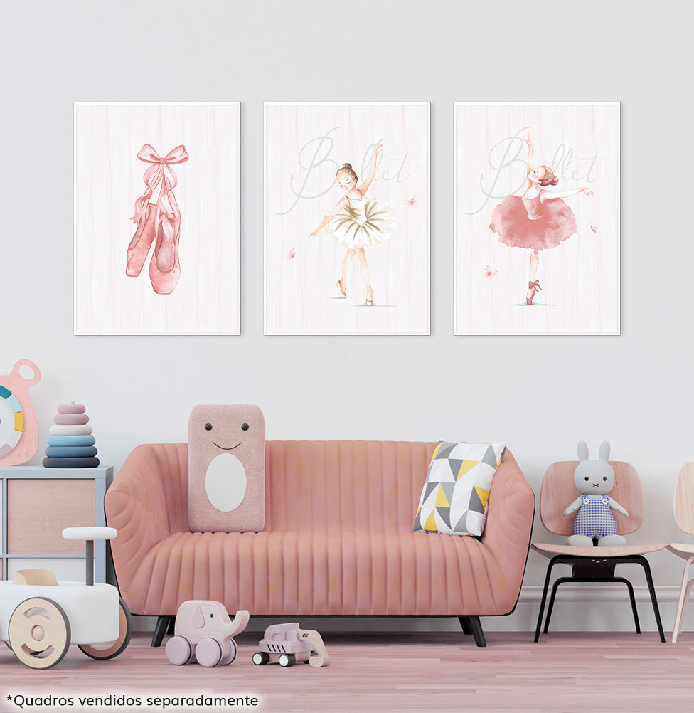 Conjunto com 3 Quadros Bailarina Rosa Moldura Filete Branca - Vertical