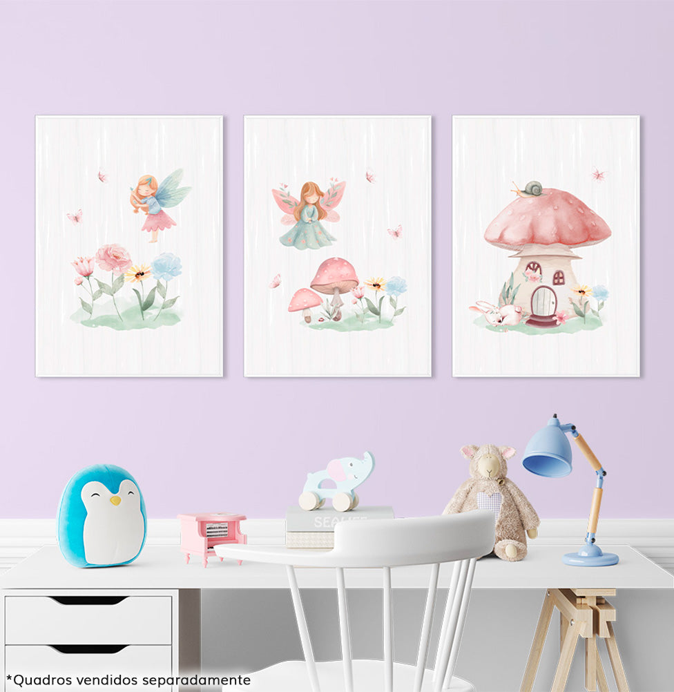 Conjunto com 3 Quadros Fada e Cogumelo Candy Moldura Filete Branca - Vertical