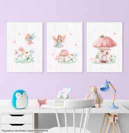 Conjunto com 3 Quadros Fada e Cogumelo Candy Moldura Filete Branca - Vertical
