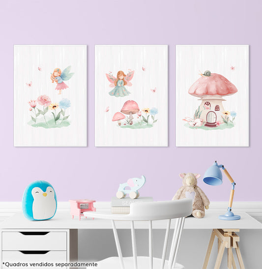 Conjunto com 3 Quadros Fada e Cogumelo Candy Moldura Filete Branca - Vertical